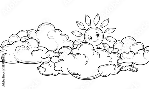 The sun with cute eyes smiles in the clouds, seamless border. Vector illustration. The sun in fluffy clouds, isolated on a white background. Child illustration