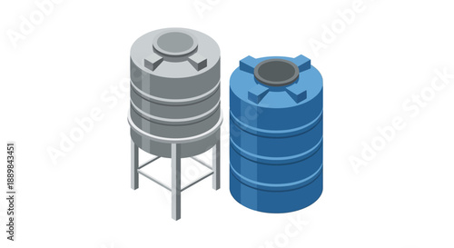 3D illustration of two water storage tanks, one gray and one blue, on a white background.