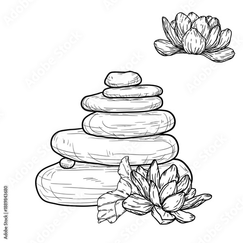 A pyramid of smooth stones with a lotus flower, sketch. Vector illustration. Stacked pebbles and sea stones isolated on a white background. Concept of yoga, harmony, and meditation.