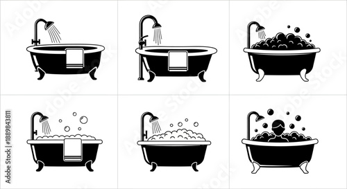 Bathroom scenes illustrated in black and white, featuring various bathtubs with water and objects, presented in a grid of six images