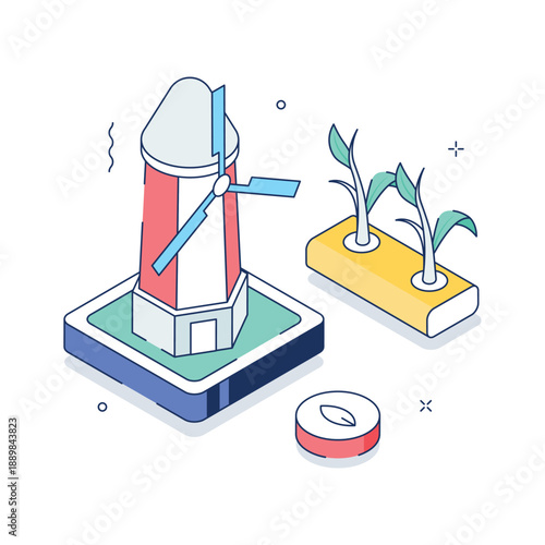 A captivating isometric illustration of windmill generating renewable farm energy