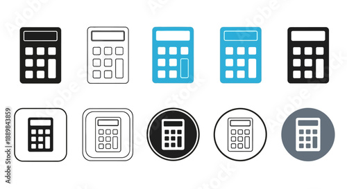 Collection of various calculator icons in different styles and colors displayed on a clean white background, originally make (10).eps