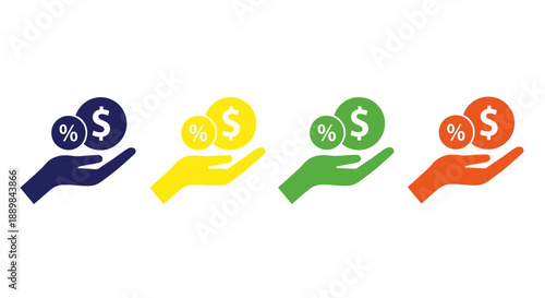 Hands holding currency symbols in various colors, financial transaction illustration