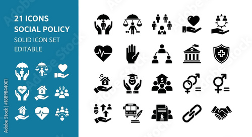 Collection of social policy icons representing various aspects of community and welfare from a straightforward viewpoint