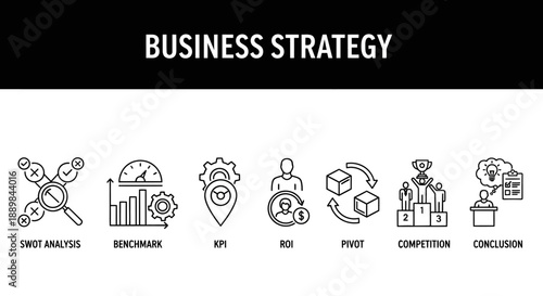 Business Strategy Infographic Illustrating Key Concepts and Icons for Analysis and Planning