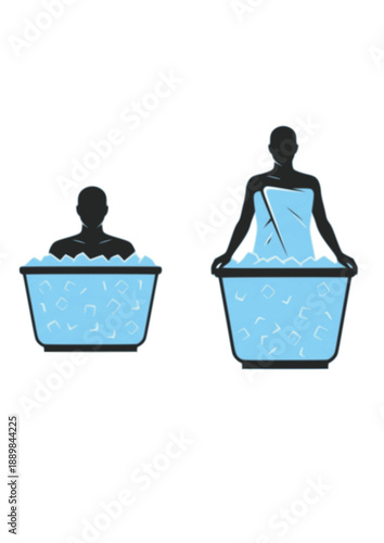 Cold Plunge Ice Bath Silhouette, Bio-hacking Wellness Ritual, Muscle Recovery and Mental Resilience Outdoor Health Vector Graphic
