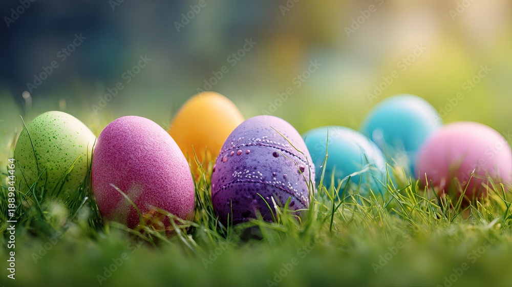 Fototapeta premium Colorful Easter eggs sitting in the green grass on a sunny day with a blurred background