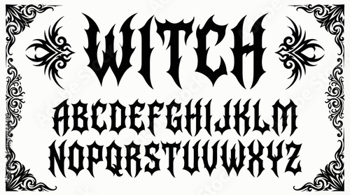 Gothic Witch Alphabet: Ornate blackletter typography with floral borders, perfect for fantasy, occult themes, Halloween decor and witchcraft branding
