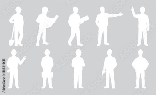  Professional Builders, Engineers, and Architects Posing with Helmets, Blueprints, and Tools Isolated on Gray Background