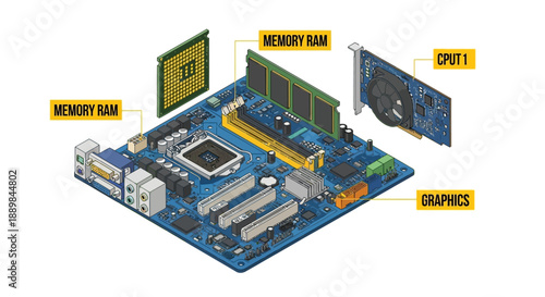 Detailed illustration of a computer motherboard with labeled components on a white background.