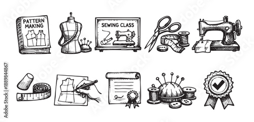 Hand drawn vector illustration showcasing various sewing tools, patterns, and a sewing machine, perfect for fashion, crafting, or educational projects.