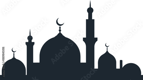 Mosque Silhouette with Minarets and Domes, Islamic Architecture Vector