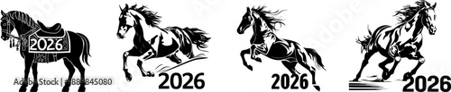 Year of the Horse: A series of dynamic illustrations captures the elegance and strength of horses, representing the year 2026, showcasing power and motion.