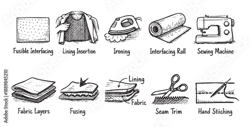 Hand-drawn style sketch illustration of various sewing techniques and equipment, including interfacing, lining, ironing, machine sewing, and hand stitching, all on a white background.