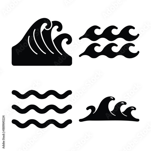 Diverse set of black silhouette wave icons and symbols depicting various water movements