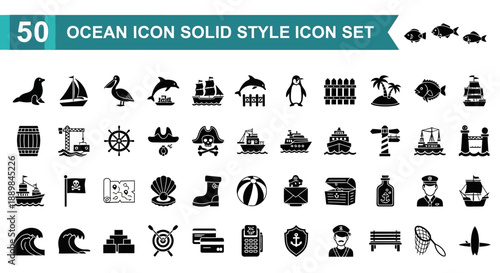 Collection of ocean-themed icons in solid style, representing various sea creatures and activities, displayed in a grid layout on a clean background, viewed from directly above