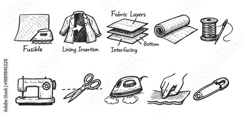 Hand-drawn illustration showing different sewing and tailoring techniques: fusible, lining insertion, fabric layers, fabric roll, thread, sewing machine, scissors, pressing, pinning.