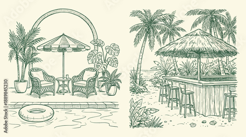 Vintage engraving of a tropical beach scene with palm trees, a thatched-bar hut, lounge chairs, and a parasol by the shoreline