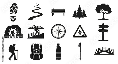 Collection of black silhouetted outdoor activity icons on a white background, representing hiking, travel, and exploration