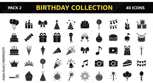 Collection of 40 birthday icons in black and white, featuring celebration elements from Pack 2