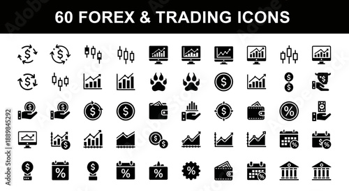 Collection of sixty forex and trading icons displayed on a clean white background from a straightforward viewpoint