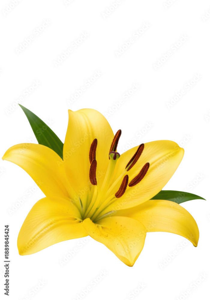 Fototapeta premium flawless bright yellow asiatic lily in macro detail, showcasing pollen-coated brown anthers and green pistil, isolated on a transparent studio background with ample copy space, sophisticated purity