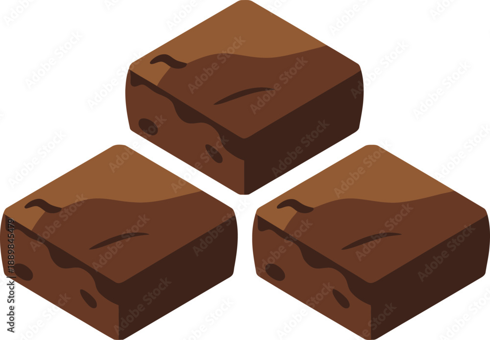 Fototapeta premium Three Chocolate Brownie Squares with Cracks in Isometric View, Vector Illustration