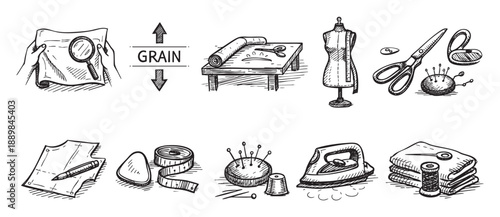 Black and white sketched illustration depicting assorted sewing tools and crafting accessories for fashion design and handmade clothing alterations, perfect for a retro or artisanal theme.