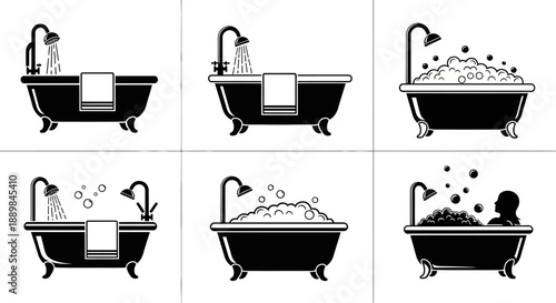 Illustration of a bathing sequence in black and white featuring various stages of a bath experience