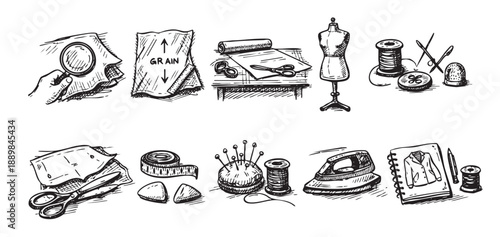 Black and white sketched illustration of sewing tools, including fabric, scissors, mannequins, needles, thread, iron, and notebooks for fashion design, pattern making, or crafting concepts.