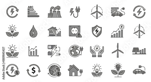 Collection of various eco-friendly icons representing sustainability and renewable energy sources in a grid layout