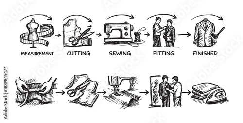 Black and white sketch illustrating the tailoring process, from measurement and cutting to sewing, fitting, and the finished garment, ideal for educational or informational content.