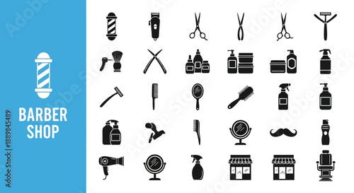 Collection of barber shop icons on a white background, various grooming tools and symbols displayed