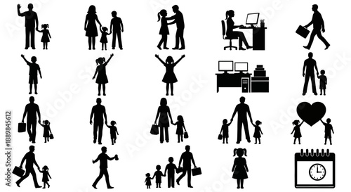 Family and professional life balance illustrated through silhouettes of people in various activities and settings
