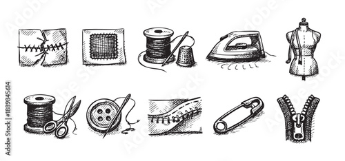 Black and white drawing of sewing supplies like needles, spools, scissors, a mannequin, buttons, a zipper, and patches scattered on a blank backdrop.
