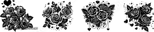 Black Rose Collection: A set of elegant black rose arrangements with intricate details and scattered hearts, perfect for adding a touch of dark romance and vintage charm.