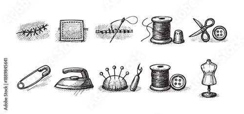 Black and white hand drawn illustration showcasing various sewing tools, ideal for craft projects or design elements with a vintage feel.