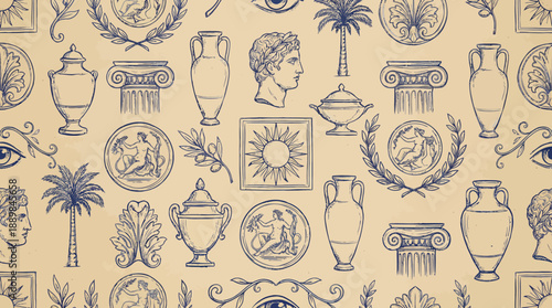 Vintage blue classical pattern wallpaper featuring vases, urns, busts, sun emblems and palm motifs on beige background
