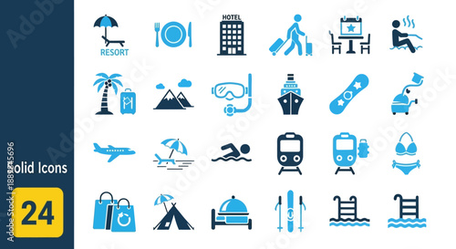 Collection of various monochrome icons representing leisure activities and travel destinations in a grid layout on a clean background