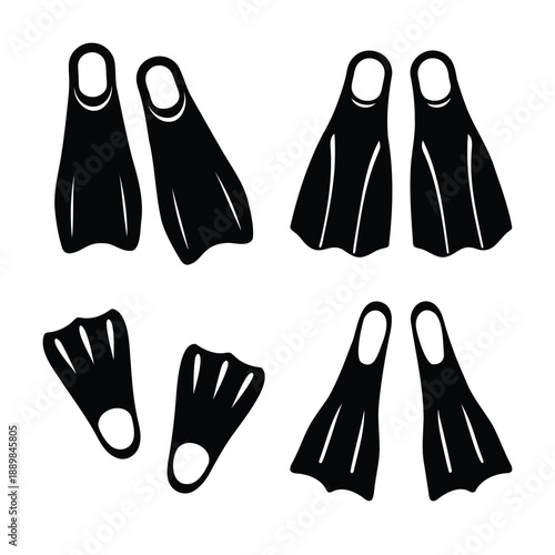 Collection of various swimming fins and flippers for diving and water sports activities