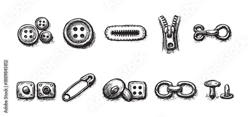 Hand drawn sketch of buttons, zipper, safety pin, hooks, and other sewing and craft supplies on a white background. Great for crafts, art, textile design.