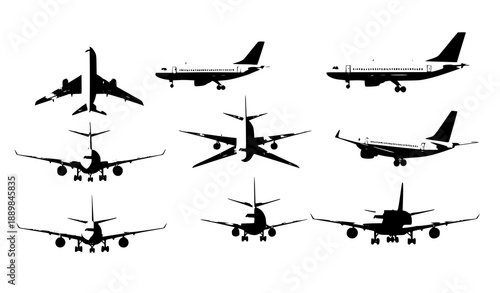 Passenger and cargo airplane vector set in multiple angles for air transport and travel illustration
