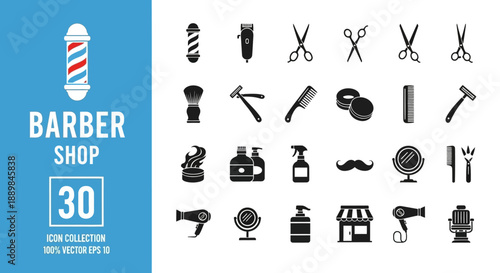 Collection of barber shop icons and tools on a graphic banner display
