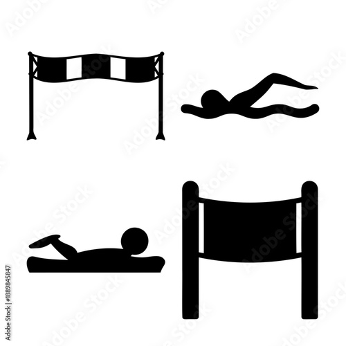 Summer activities and sports icons featuring swimming and finish line banners