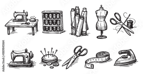 Black and white illustration showing sewing tools like mannequin, sewing machine, needle, thread, iron, tape measure, fabric, pins and other accessories. Perfect for tailoring illustrations.