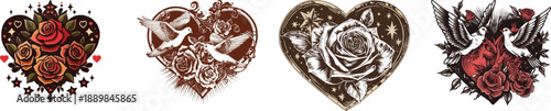 Artistic Hearts Collection: Intricate heart-shaped designs, adorned with roses and doves, each tells a unique story, exuding romantic charm and intricate beauty.