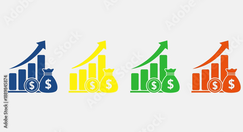 Four colorful bar charts with upward trend and dollar signs, symbolizing financial growth and success