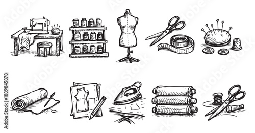 Black and white sketch illustrating sewing tools, tailoring equipment like a sewing machine, dress form, scissors, thread, iron, patterns, offering a classic and detailed style.