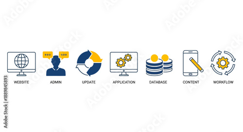 Modern web development icons representing various aspects of digital content and technology in a simplified, graphical format displayed on multiple screens
