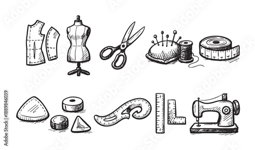 Hand-drawn style illustration of sewing and tailoring tools set against a clean white background, ideal for craft, fashion, or design projects.